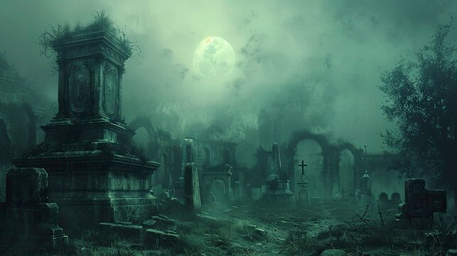 An ominous graveyard with ancient tombstones and crypts, shrouded in fog and illuminated by the pale light of a full moon, creating a ghostly and eerie scene.