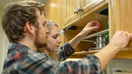 Young couple working on kitchen cabinet.