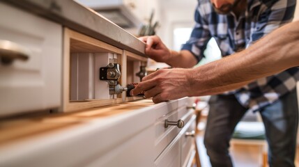 Obraz premium Man Installing Kitchen Cabinet Hardware.