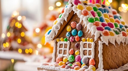 A gingerbread house, decorated with colorful candies, symbolizing holiday cheer, festive tradition, sweet treats, winter wonderland, and childhood memories.