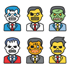 Zombie businessman cartoon characters white background. Professional undead workers diverse ethnicities formal suits grim facial expressions. Horror office employees skeleton, eye patch, scar