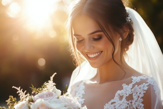 Beaming bride on her wedding day, with copy space