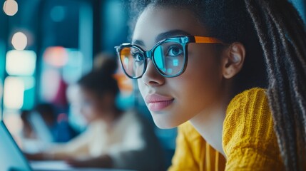 A young woman with glasses and dreadlocks looks confidently into the distance, symbolizing ambition, progress, technology, vision, and potential.