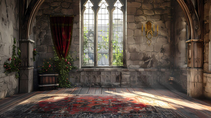 A medieval room with a large window and a red rug on the floor. The walls are stone, and there is a wooden barrel in the corner.