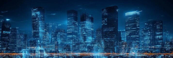 Obraz premium A futuristic cityscape with skyscrapers illuminated by glowing blue digital networks, symbolizing technology, connectivity, urban development, innovation, and progress.