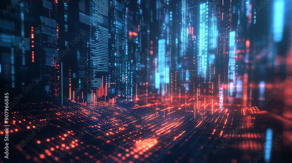 Aufkleber an abstract digital cityscape with glowing red and blue lines, representing the interconnectedness a