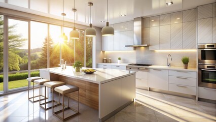 Natural light pours through the window, illuminating a clean and modern kitchen with white countertops, sleek cabinets, and stainless steel appliances.