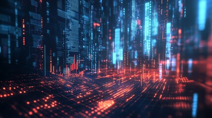 Fototapeta premium An abstract digital cityscape with glowing red and blue lines, representing the interconnectedness and complexity of technology, data flow, and the digital world.