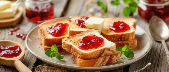 Delicious breakfast toast with strawberry jam and butter.