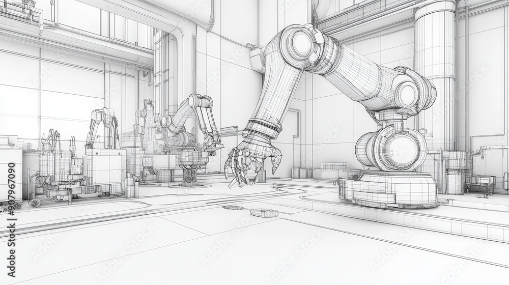 Poster a wireframe design of a futuristic factory showcasing robotic arms in operation, symbolizing automat