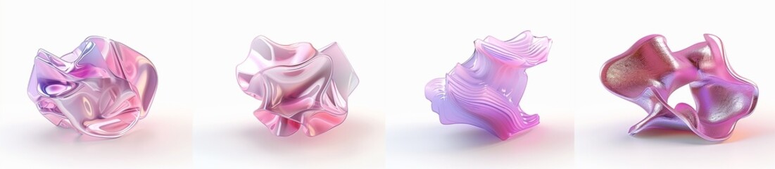 4 different glass sculptures in pastel pink and purple shades on a white background