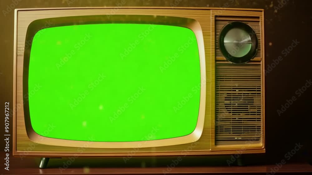 Poster retro television displaying green screen in a vintage setting generative ai