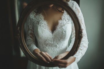 Brides reflection in vintage mirror getting ready, with copy space