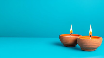 Two traditional clay oil lamps lit on a turquoise background. Symbol of light and warmth in Indian culture. Concept of Diwali festival and serenity.