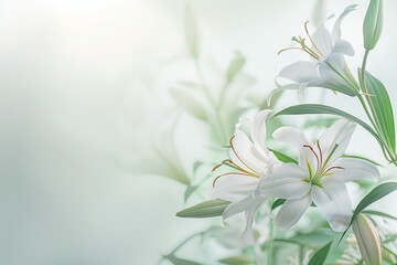 Fototapeta premium White lilies in soft focus on a light background, an elegant floral background for design and decoration with copy space