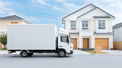 A delivery truck parked in front of a suburban home.