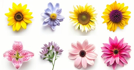 A collection of vibrant and colorful flowers isolated on a white background