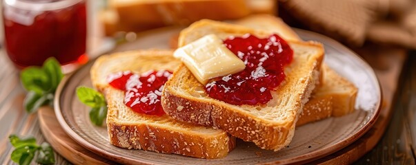 Delicious breakfast toast with strawberry jam and butter.