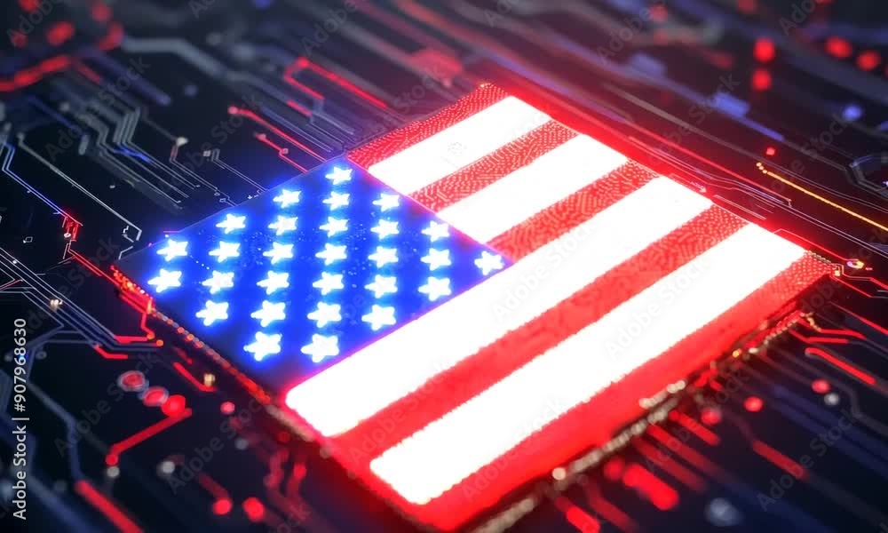 Poster close-up of the american flag embedded on a circuit board, symbolizing the integration of technology