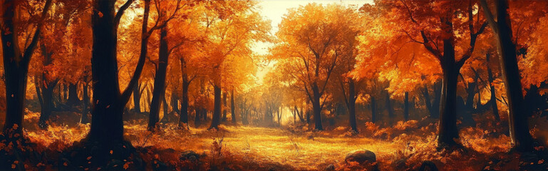 Fototapeta premium Golden Autumn Forest Path - Tranquil Nature Scene - A serene path winds through a vibrant autumn forest, sunlight filtering through the leaves, symbolizing peace, tranquility, nature's beauty, change,