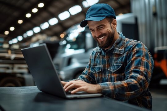 Happy mechanic using laptop while working at truck repair workshop, Generative AI
