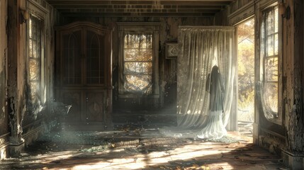 A ghostly figure drifting through an old, abandoned house, with tattered curtains blowing in the wind and a faint, eerie glow illuminating the scene.