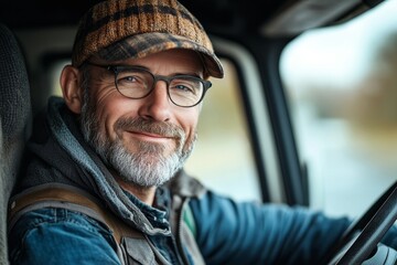 Happy professional truck driver driving his truck and looking at camera, Generative AI