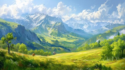 Fototapeta premium Beautiful summer landscape with meadow and mountains. Digital painting.