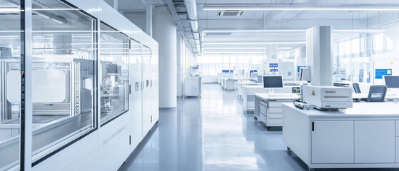 Brightly lit room with scientific devices, computers, tools and cabinets. Modern medicine research laboratory as imagined by Generative AI