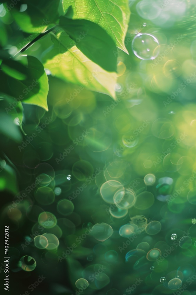Poster a leafy green background with bubbles in the foreground. the bubbles are scattered throughout the im