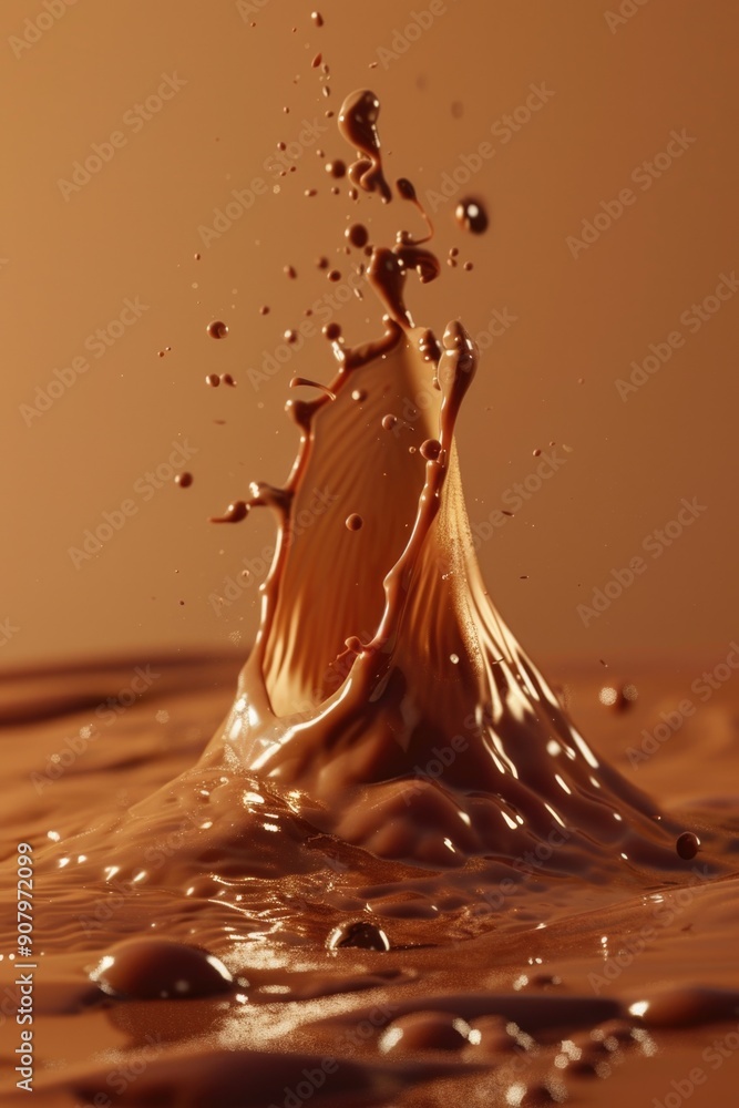 Poster a splash of chocolate milk is shown in a close up. the splash is in the middle of the image and is s