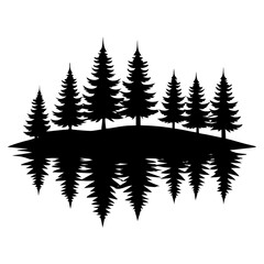 Reflection in water, pine tree forest vector silhouette