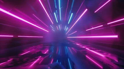 Obraz premium Empty stage performance background. A neon blue and purple laser and light show. Futuristic laser shape on dark background