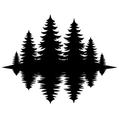 Reflection in water, pine tree forest vector silhouette