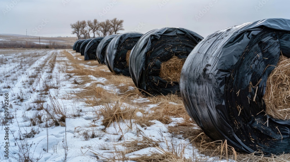 Wall mural straw bales covered in torn black oilcloth during winter storage