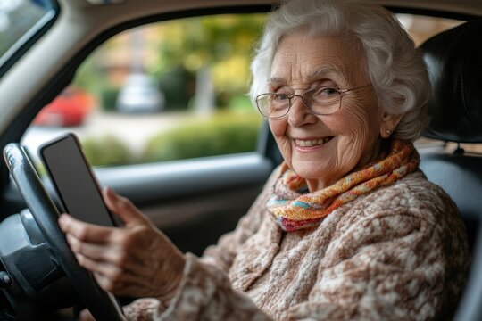Happy senior woman driving car alone, holding smartphone and scrolling. Safe driving for elderly adults, older driver safety, Generative AI