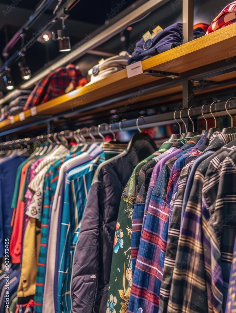 Aufkleber a rack of clothes with a variety of colors and patterns. the clothes are hanging on hangers and are 