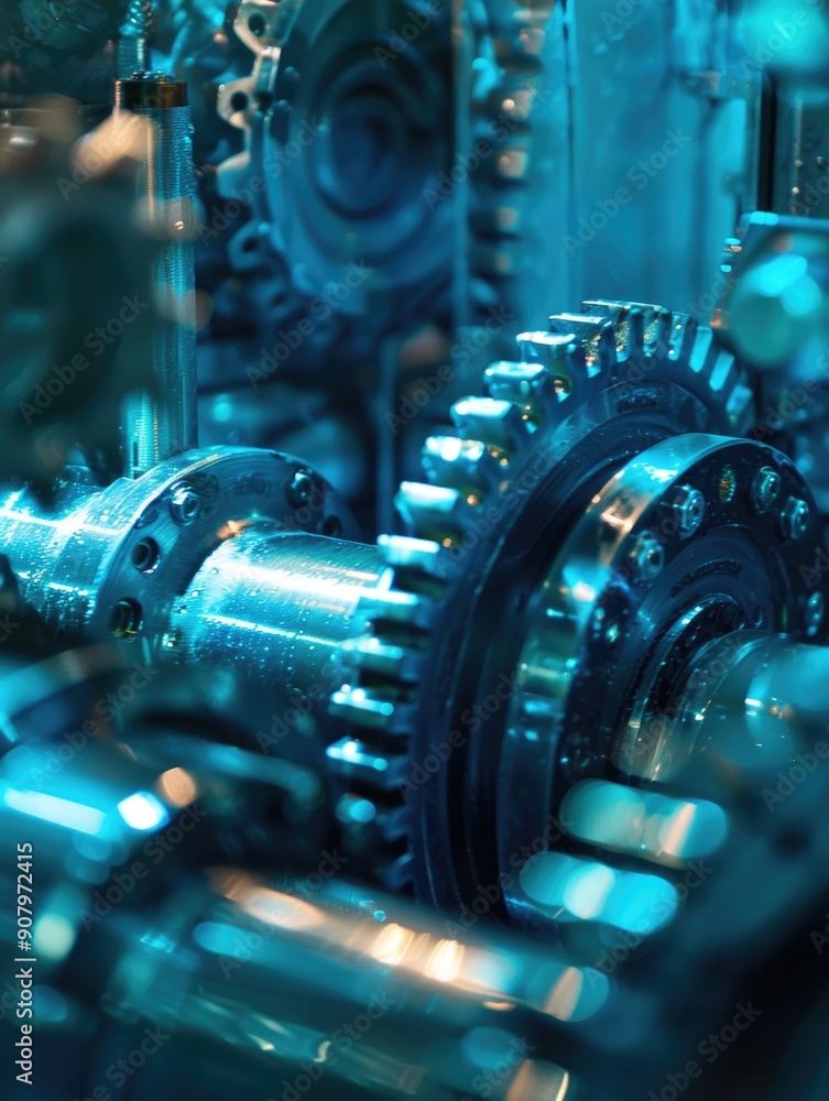 Poster a close up of a gear with a blue background. the gears are shiny and metallic. concept of precision 