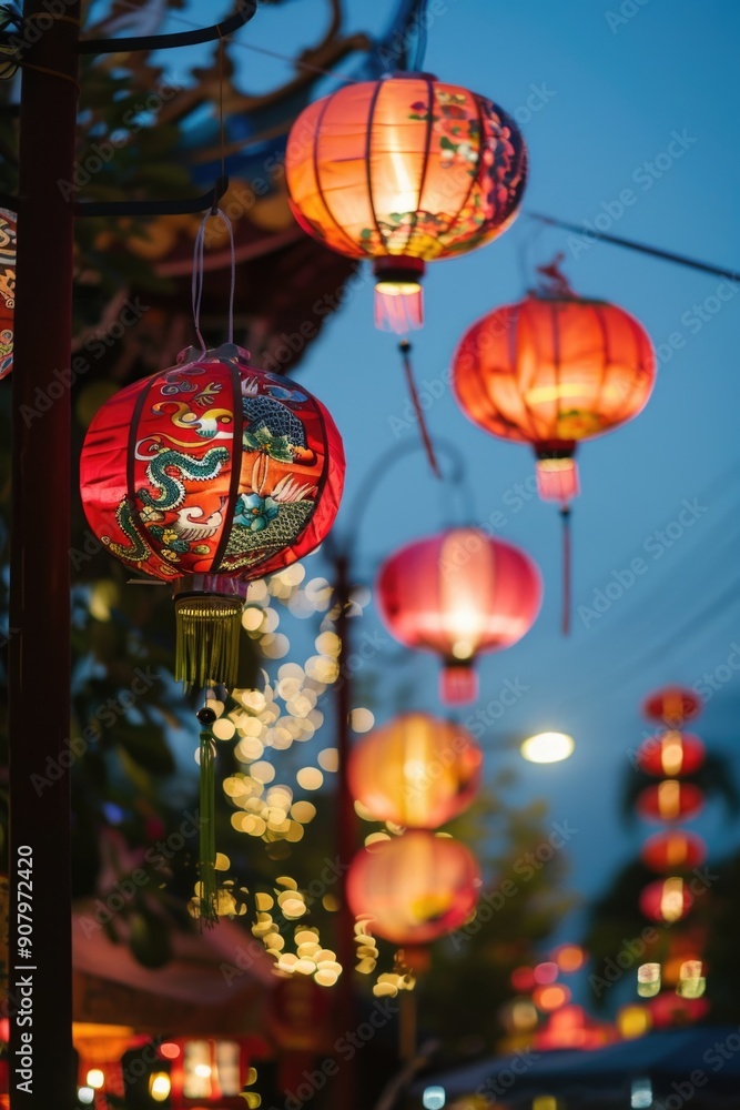 Poster a row of red and yellow lanterns hang from a wire. the lanterns are lit up and create a warm, inviti