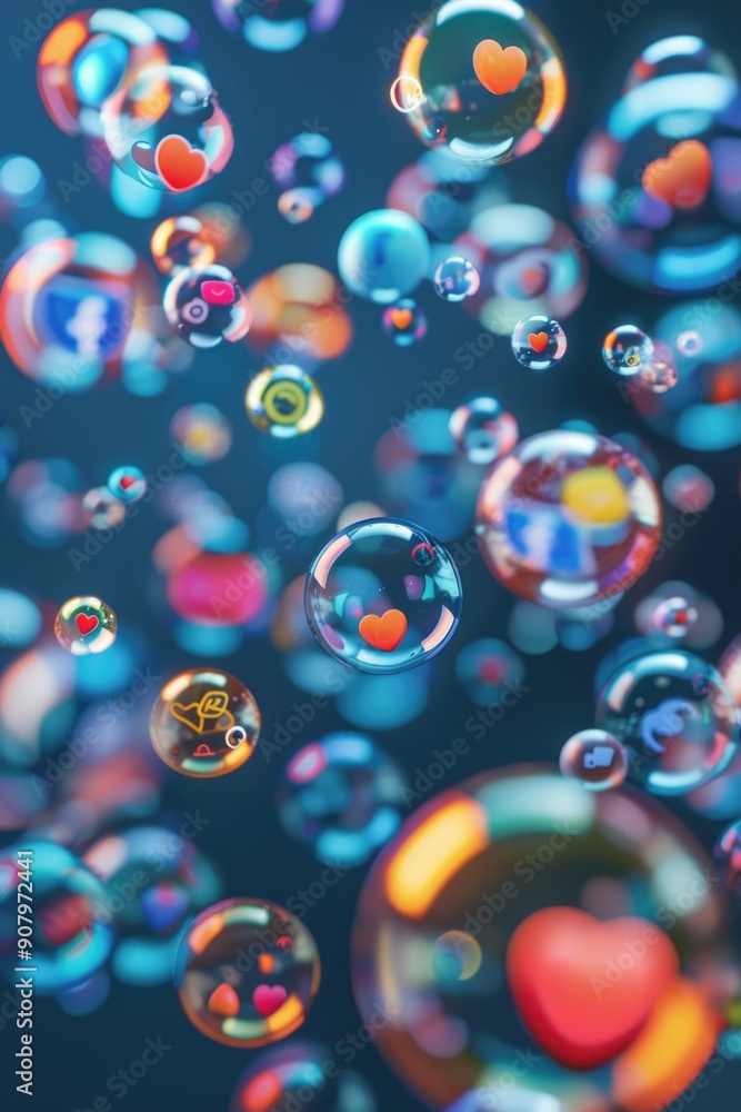 Poster a colorful image of many bubbles with hearts on them. the bubbles are of different sizes and colors,