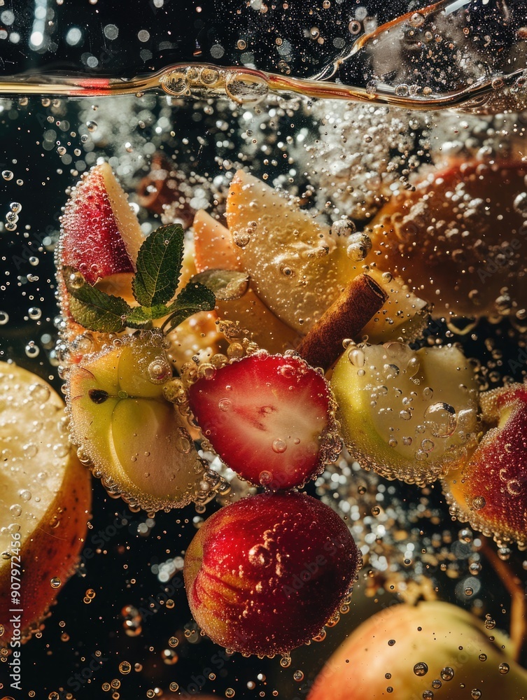 Aufkleber a fruit salad with apples and strawberries is being washed in a sink. the apples are cut into slices