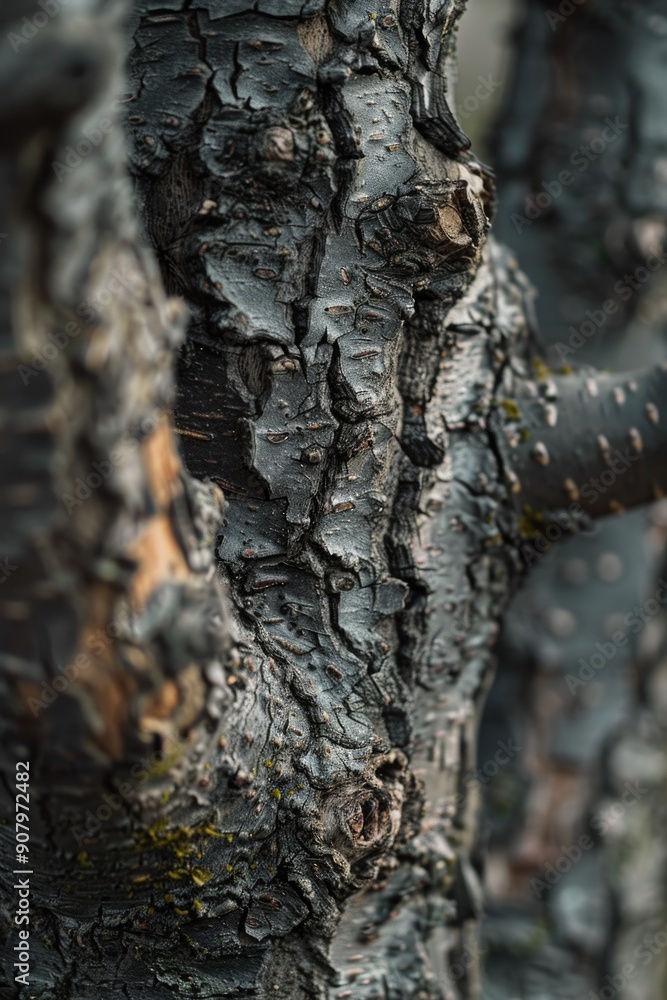 Poster a close up of a tree trunk with a lot of bark showing. the bark is brown and has a lot of texture