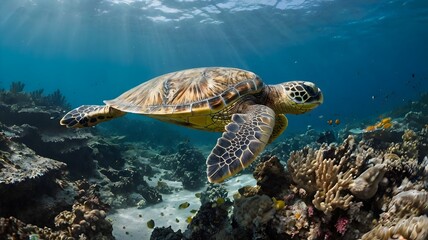 Obraz premium sea turtle swimming through a coral reef