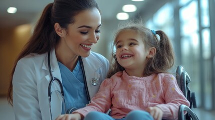 Young multiracial doctor having fun with little girl on wheelchair, Generative AI