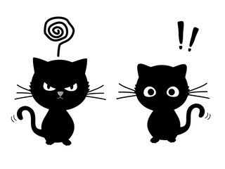Black cat cartoons, question mark and exclamation mark isolated on white background vector.