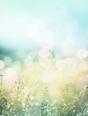 A field of grass with a blue sky in the background. The grass is wet and the sky is bright and clear