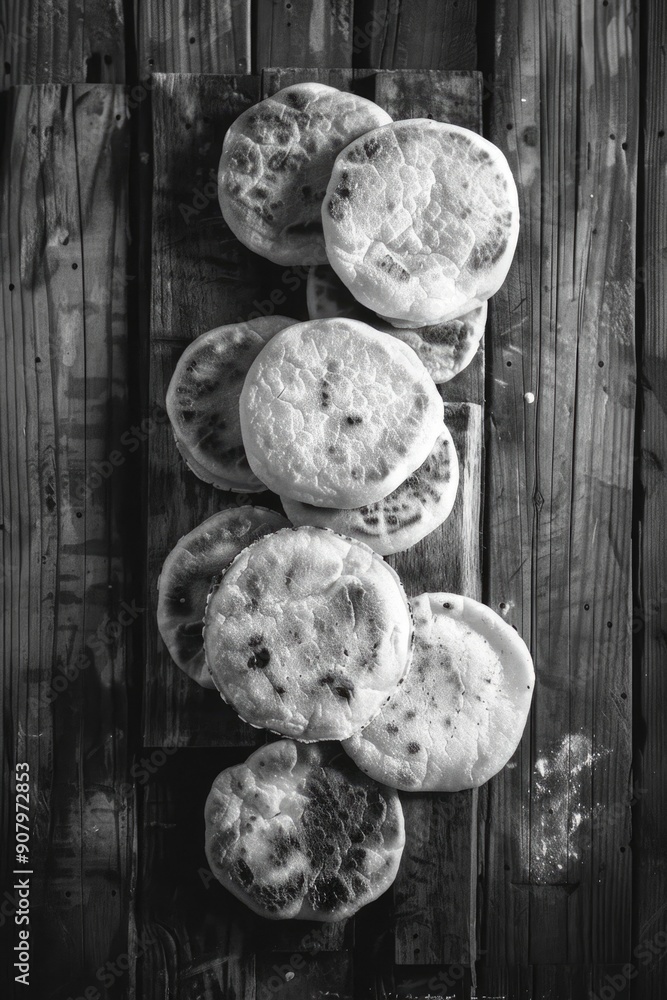 Aufkleber a stack of round pastries on a wooden table. the pastries are all different sizes and are arranged i