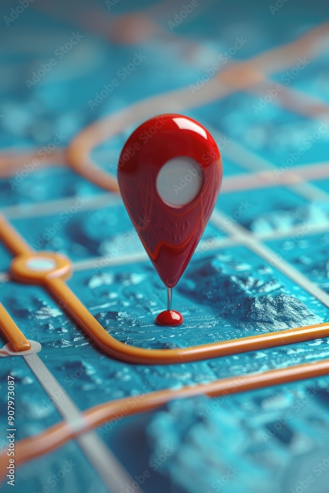 Poster a red pin is on a map of a city. the map is blue and orange. the pin is pointing to a location