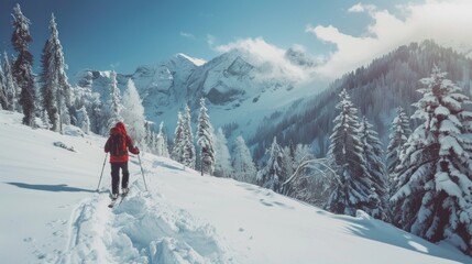 A man in a red jacket is skiing down a snowy mountain