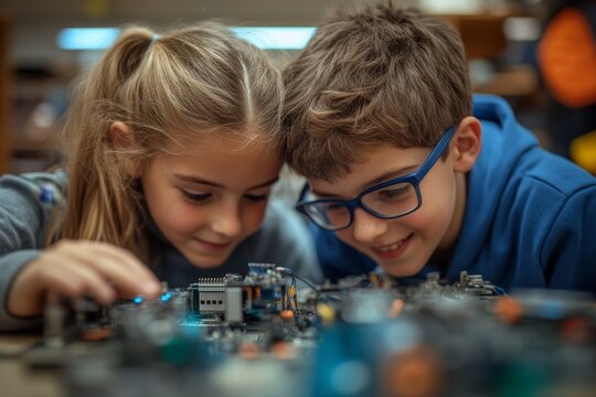 Two classmates working together on circuit board, building robot in after-school robotics club. Children learning robotics in Elementary school, Generative AI